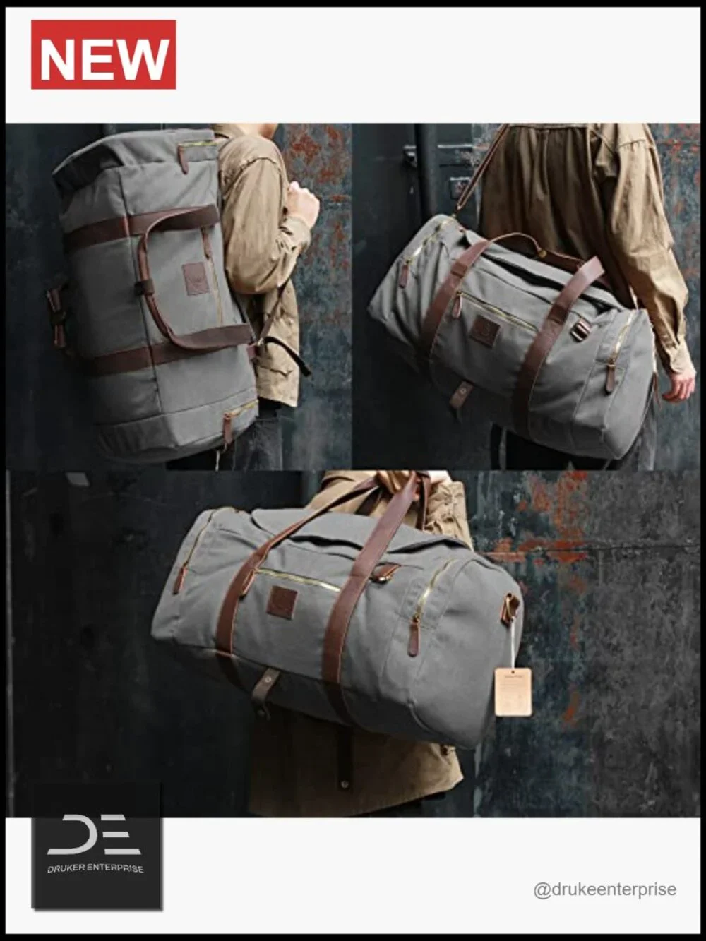 Vintage Canvas Duffle Bag 50L Genuine Leather Travel Duffel Backpack Weekender